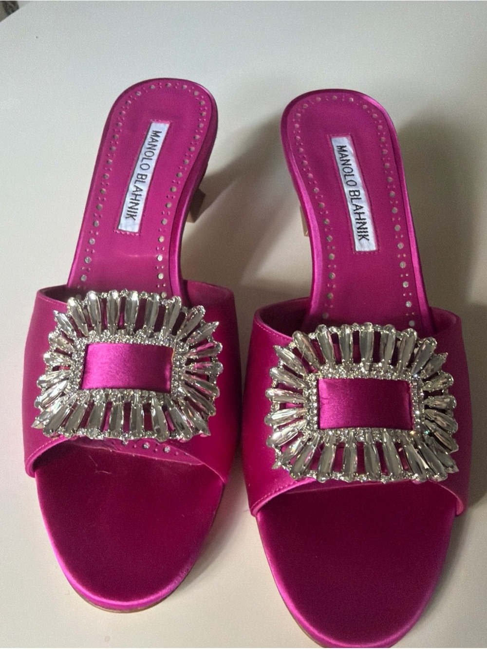 Manolo Blahnik Fuchsia Satin Crystal-Embellished Slide Mules